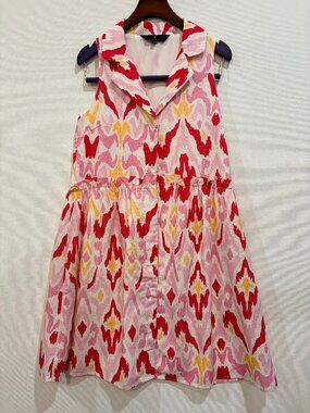 Abbey Glass Ikat Print Sleeveless Linen Blend Mini Dress XS Pink Red Yellow Coll